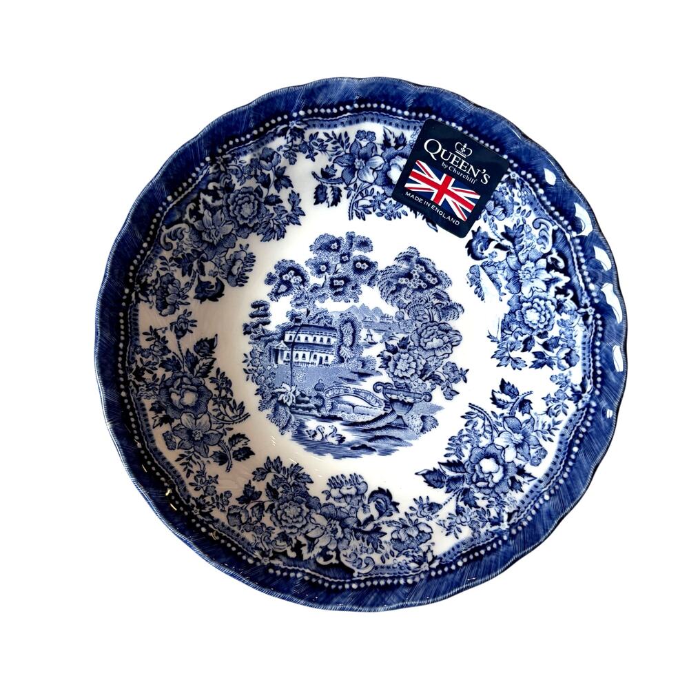 Queen's Tonquin Oatmeal Bowls 7in Blue White Floral 4pc Made In England NEW